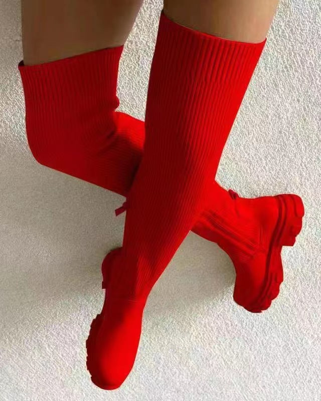 Damen knielange Strickschaft-Chelsea-Boots mit kontrastfarbiger Profilsohle Drune