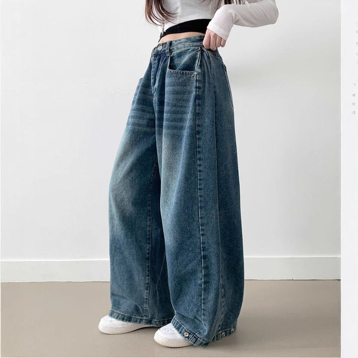 Damen Weite High-Waist Denim-Hose mit Faltenwurf Drune