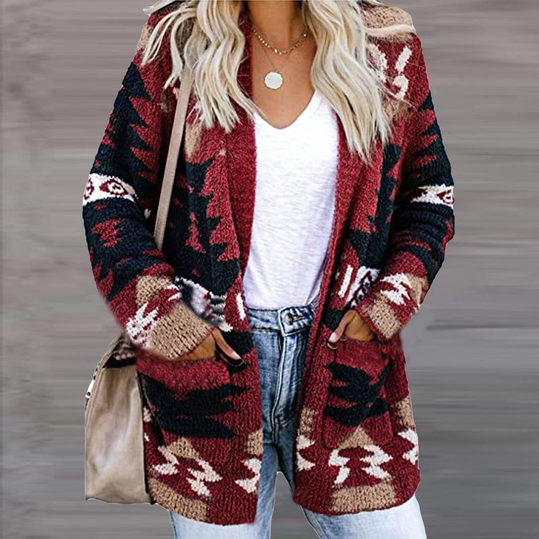 Damen stilvolle Strickjacke mit asymmetrischem Muster und aufgesetzten Taschen Drune