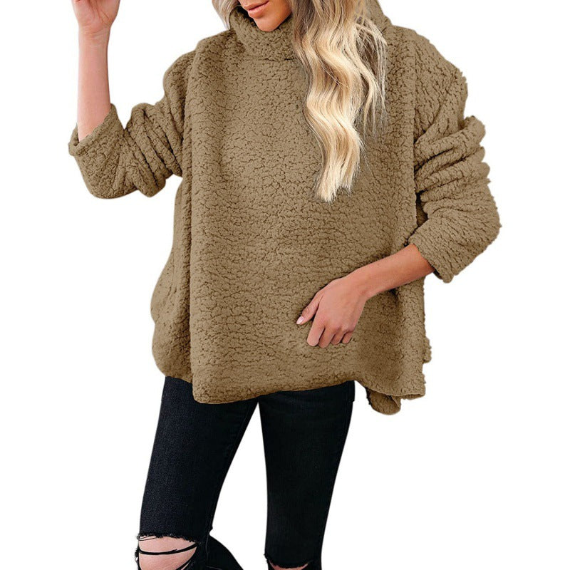 Damen Oversize-Sherpa-Pullover mit hohem Rollkragen, verlängertem Rückensaum und lässiger Silhouette Drune