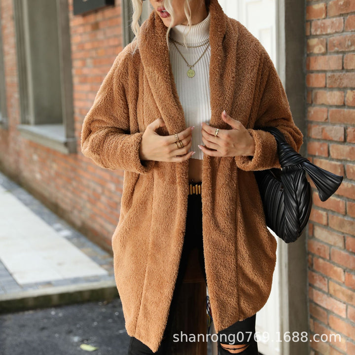Damen Kuscheliger Oversize-Mantel aus weichem Plüsch mit großem Kragen Drune