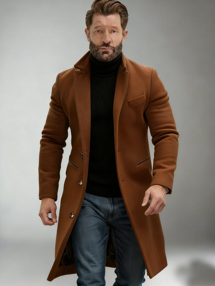 Herren Eleganter einreihiger Langmantel aus Wollmix mit schmaler Silhouette und Reverskragen Drune