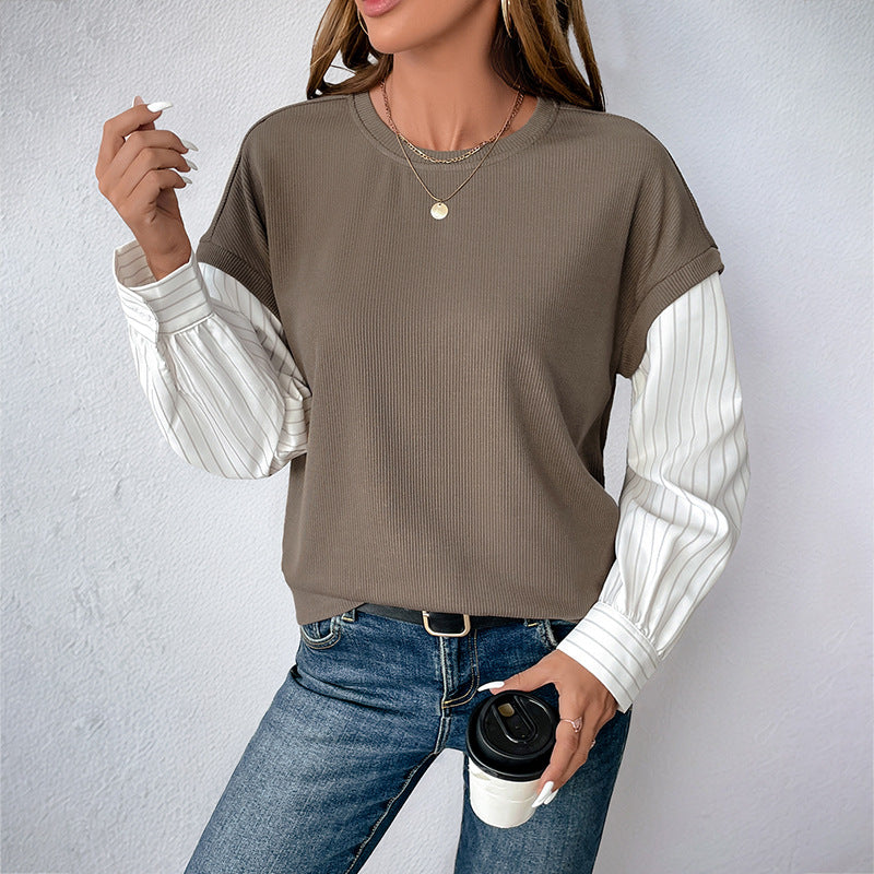 Damen Casual-Longsleeve mit Rippoberteil & gestreiften Blusenärmeln Drune