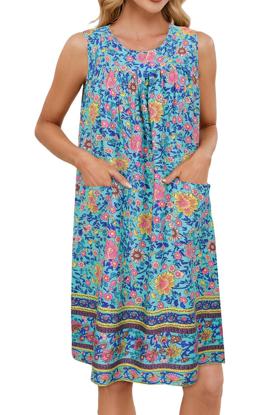 Damen luftiges Strandkleid mit praktischen Taschen und floralem Muster Drune