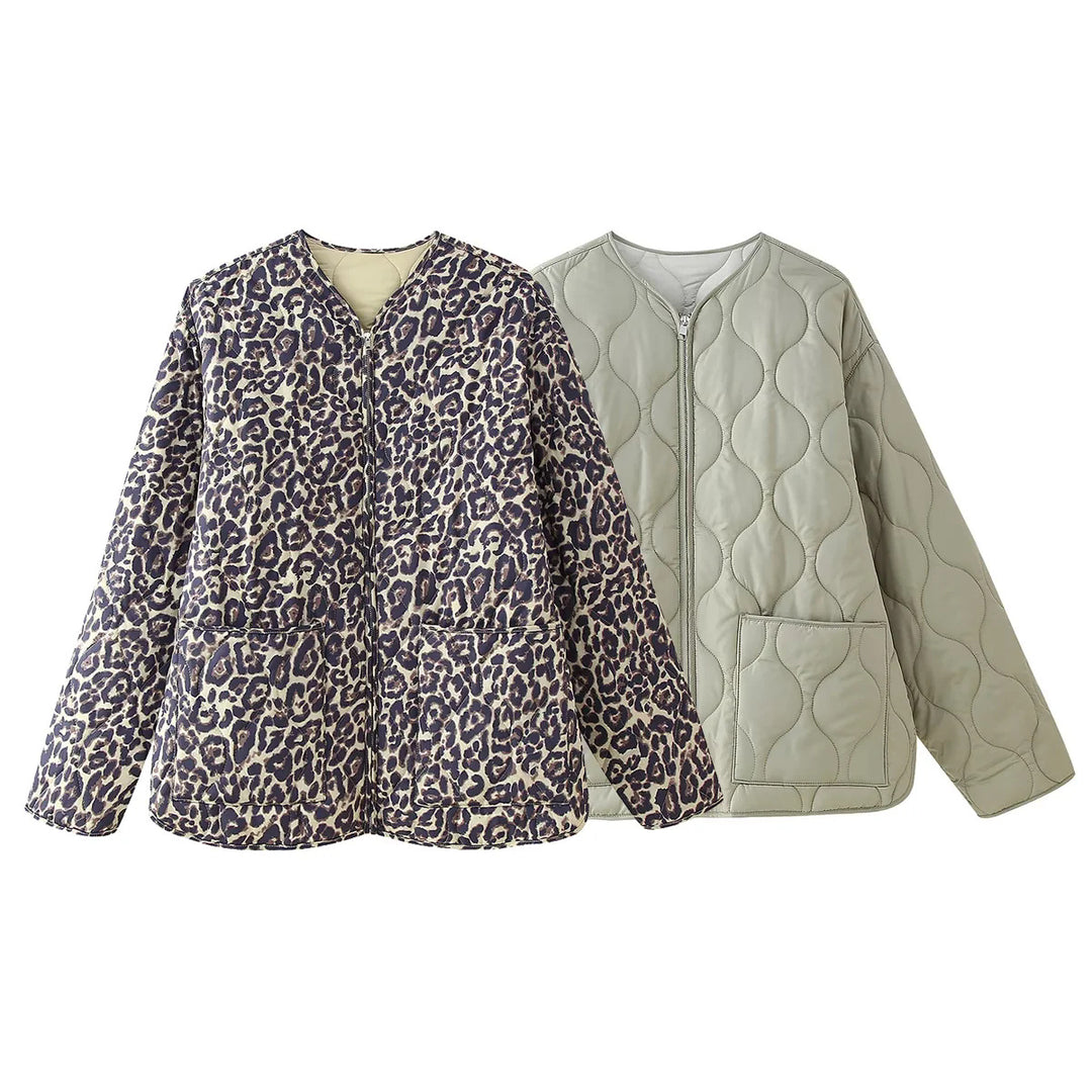 Damen nan gesteppte Oversize-Steppjacke mit Leo‑Alloverprint, durchgehendem Reißverschluss und aufgesetzten Taschen Drune