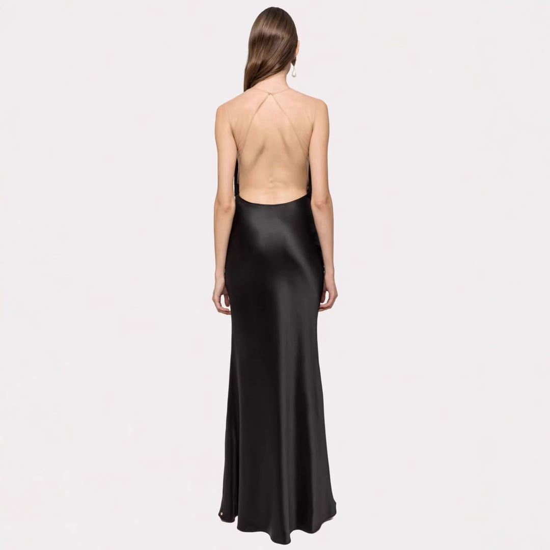 Damen Langärmliges Maxikleid mit tiefem V-Ausschnitt und fransierten Details Drune