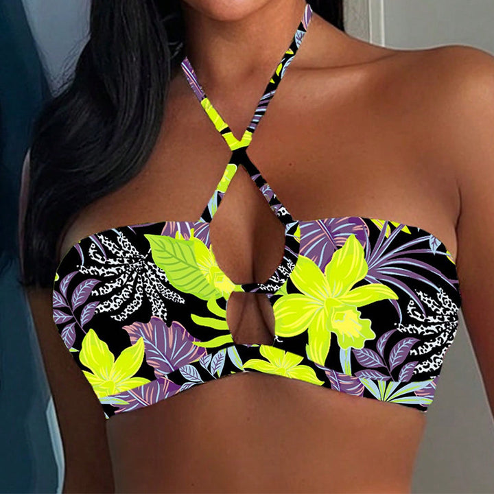 Damen Bandeau-Bikini-Top mit kreativem Kreuzdesign und Blätterprint Drune