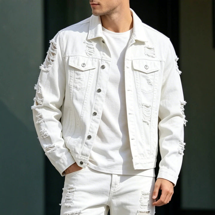Herren Modische Jeansjacke mit Zerrissenen Details Drune