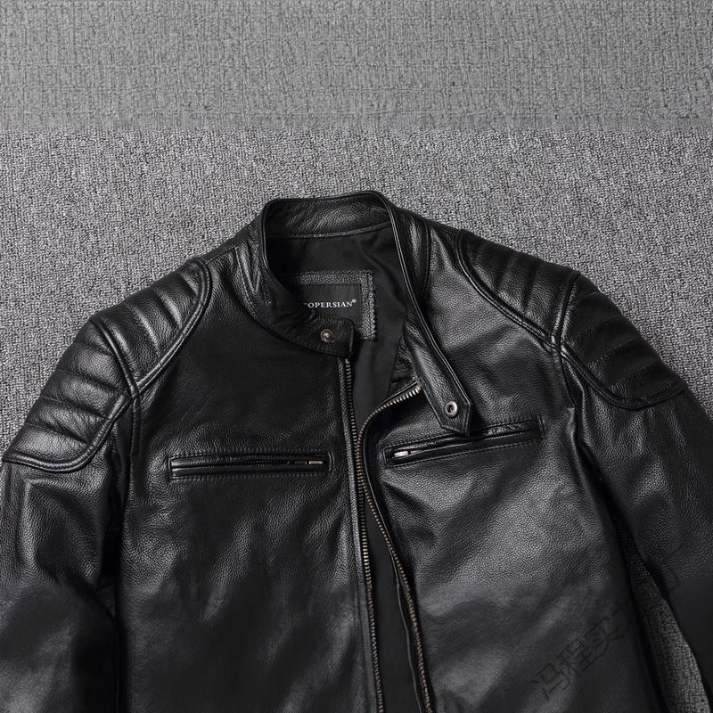 Herren Lederjacke im Vintage-Bikerstil mit Brusttaschen und Reißverschluss Drune
