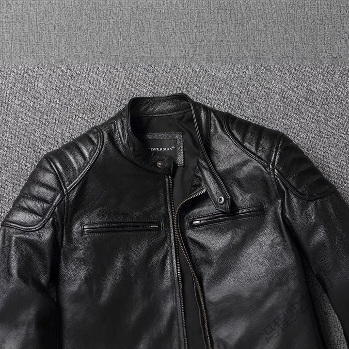 Herren Lederjacke im Vintage-Bikerstil mit Brusttaschen und Reißverschluss Drune