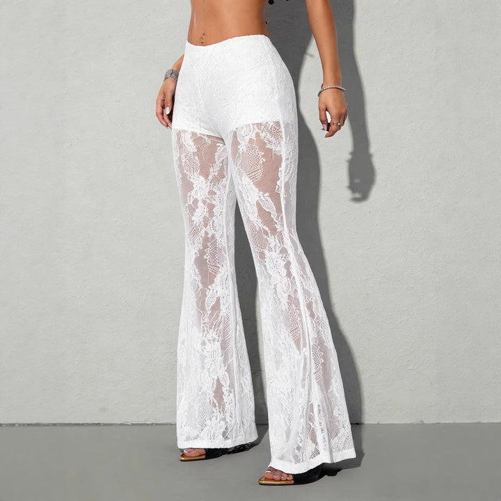 Damen nan hochgeschnittene Spitzen-Schlaghose mit blickdichter Innenshort und floralen Transparenzeinsätzen Drune