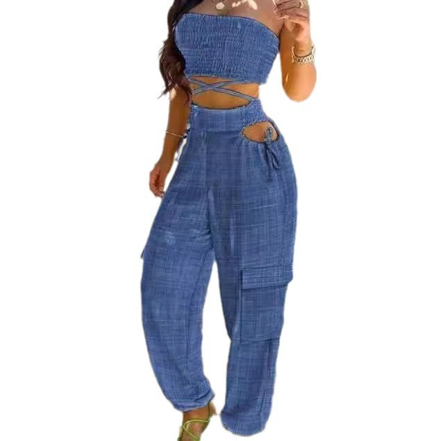 Damen Modischer Zweiteiler bestehend aus Crop Top und Cargo-Hose Drune