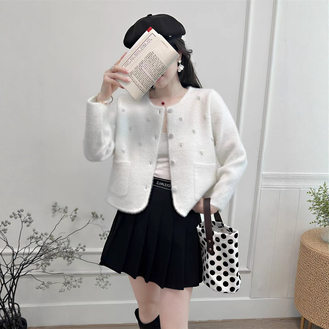 Damen Kuschelige Strickjacke mit Perlenverzierung und klassischen Rundhalsausschnitt Drune