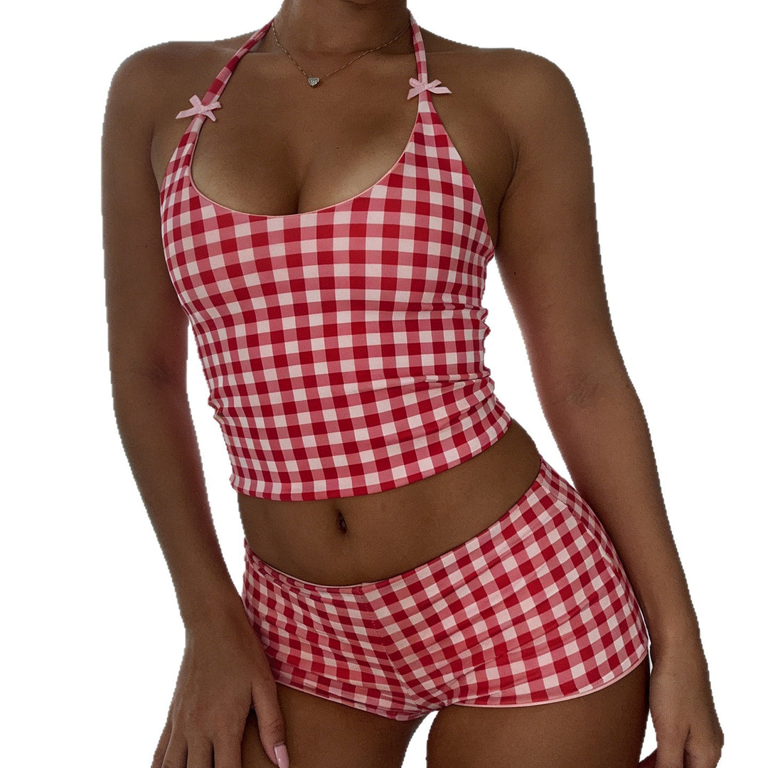 Damen Gingham Muster Badeanzug mit verstellbarem Halter Drune