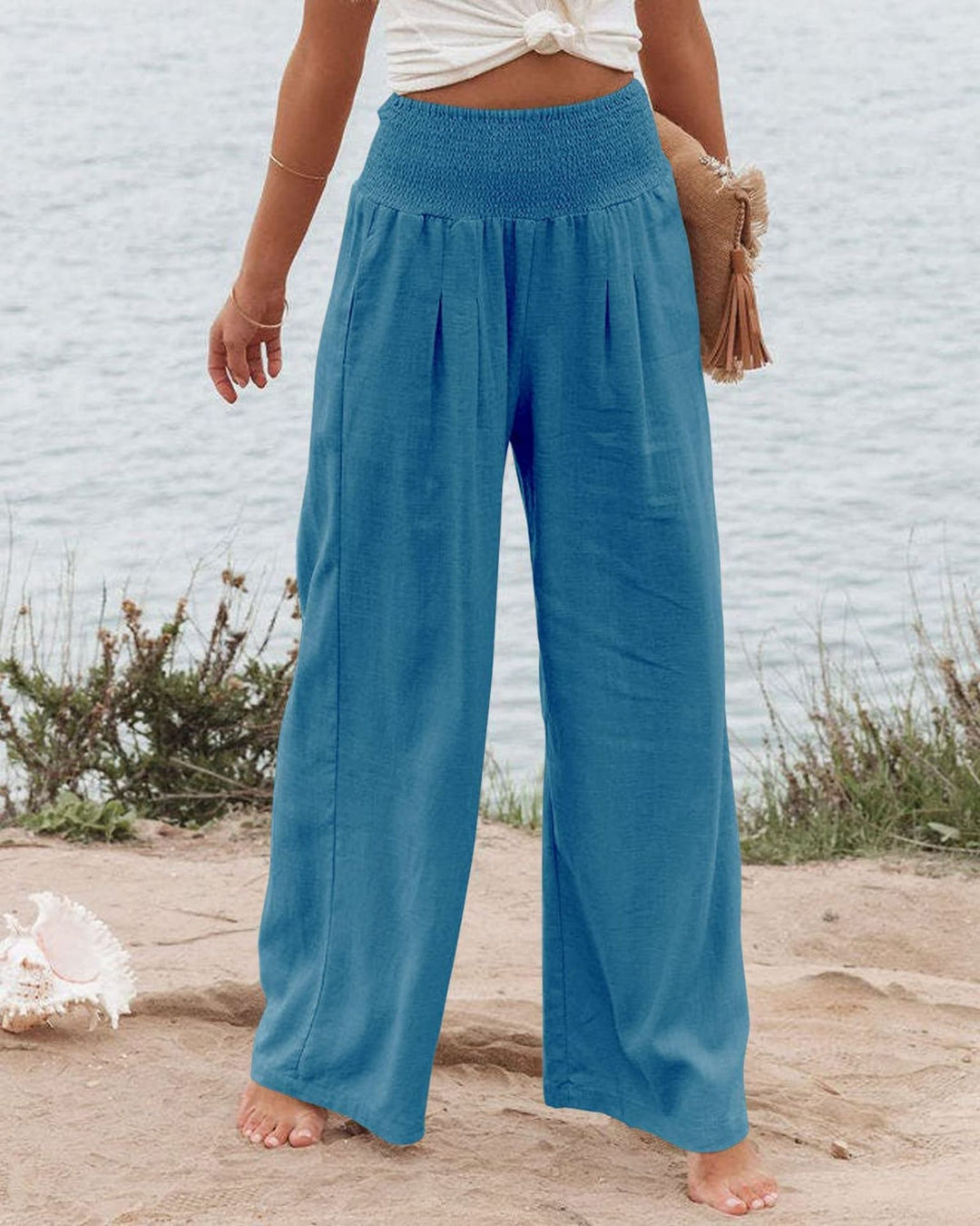 Damen Weite Leinenhose mit elastischem Bund und Falten Drune