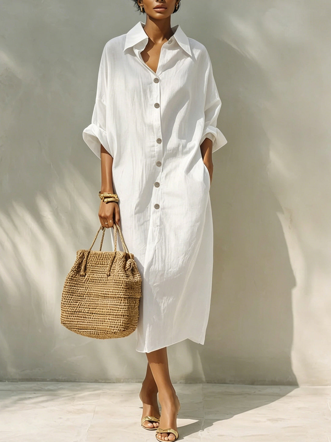 Damen Langes Oversize-Hemdblusenkleid mit Kentkragen und durchgehender Knopfleiste Drune