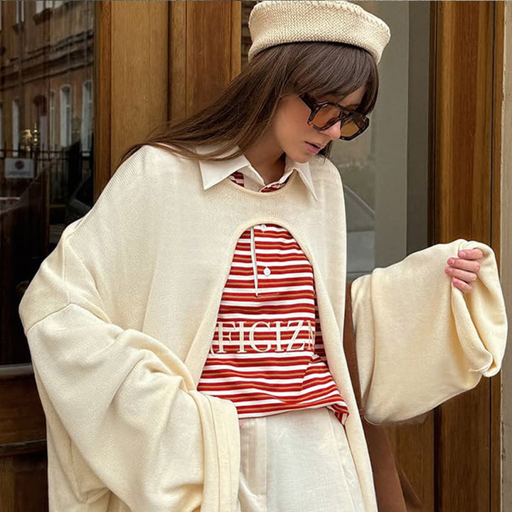 Damen Oversize Cape-Strickjacke mit weiten Trompetenärmeln und offenem Frontdesign Drune