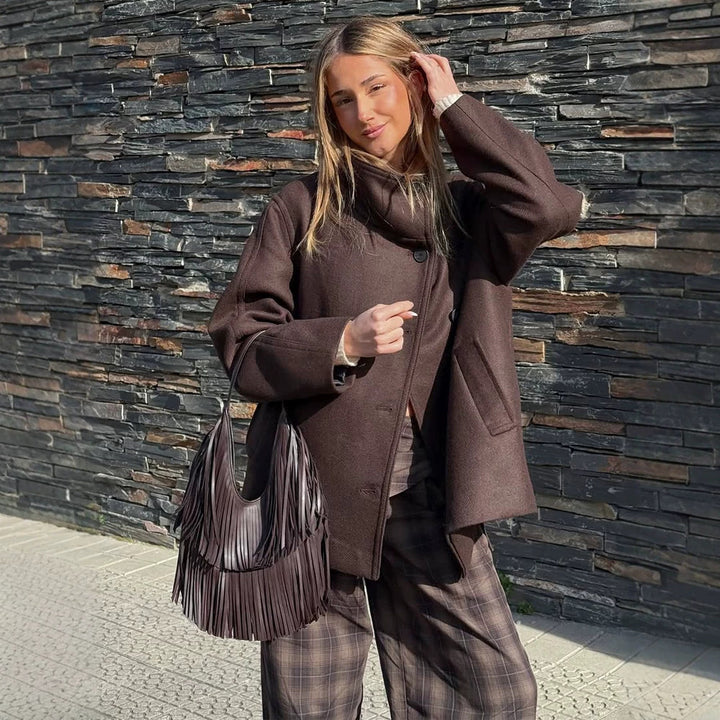 Damen Langer Wollmix-Mantel mit Oversize-Schnitt und weitem Revers Drune