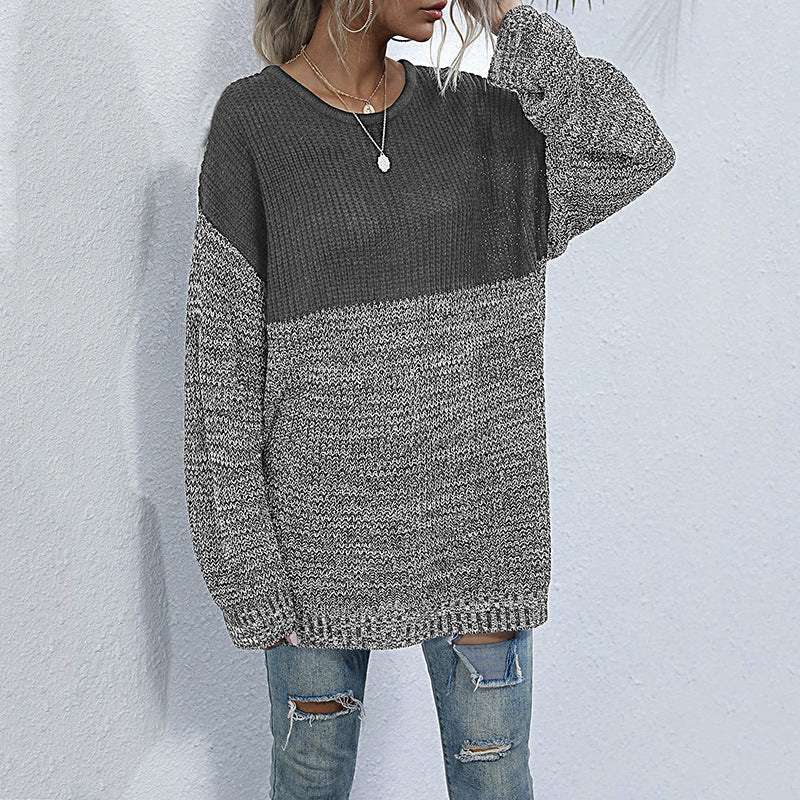 Damen Oversize-Strickpullover im Melange-Blockdesign mit Rundhalsausschnitt & verlängertem Saum Drune