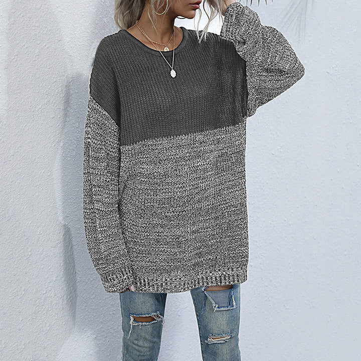 Damen Oversize-Strickpullover im Melange-Blockdesign mit Rundhalsausschnitt & verlängertem Saum Drune
