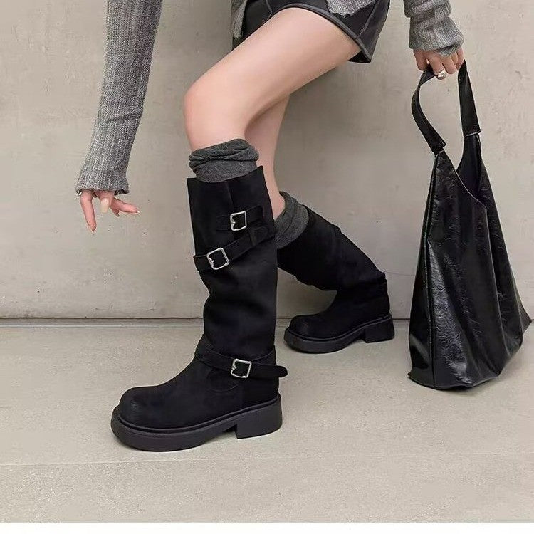 Damen Modische Overkneestiefel mit Schnallen-Design Drune