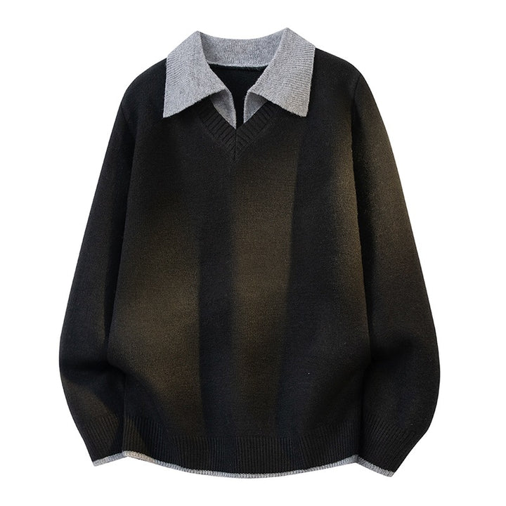Unisex Oversize Strickpullover mit Kontrastpolokragen und V-Ausschnitt Drune