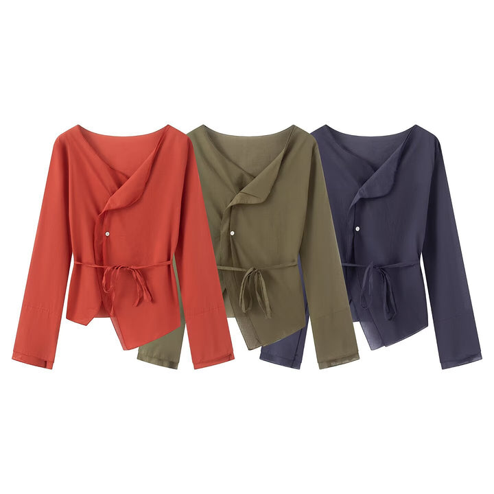 Damen Wickelbluse mit asymmetrischer Vorderseite, V‑Ausschnitt und Bindegürtel Drune