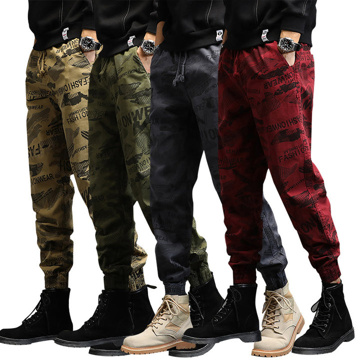 Herren Camouflage-Print Jogger-Cargohose mit elastischem Tunnelzugbund und gerippten Knöcheln Drune