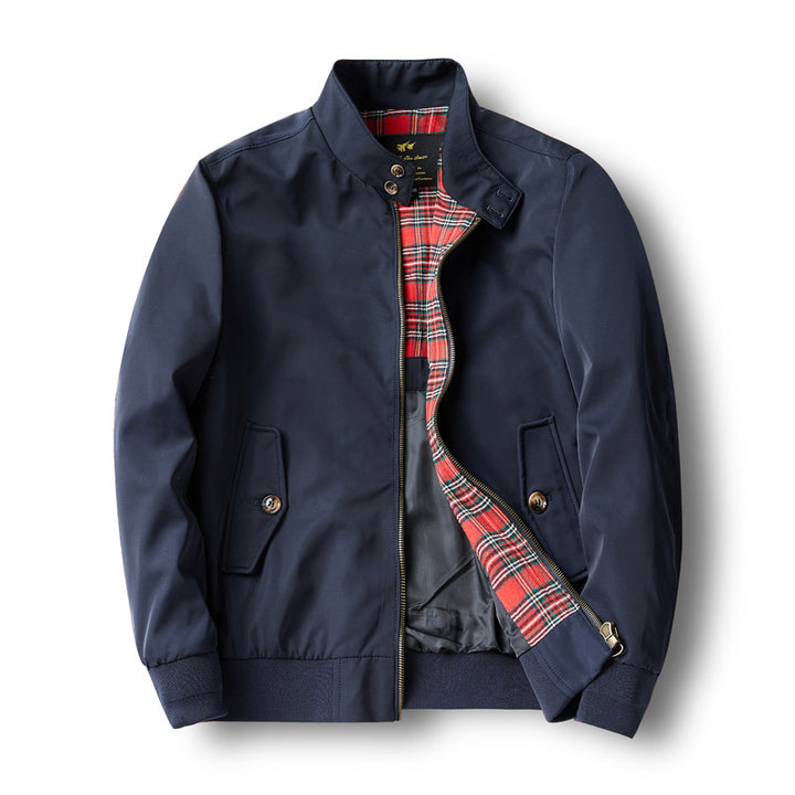 Herren Kurz geschnittene Harrington-Jacke mit Stehkragen, elastischen Bündchen und kariertem Innenfutter Drune