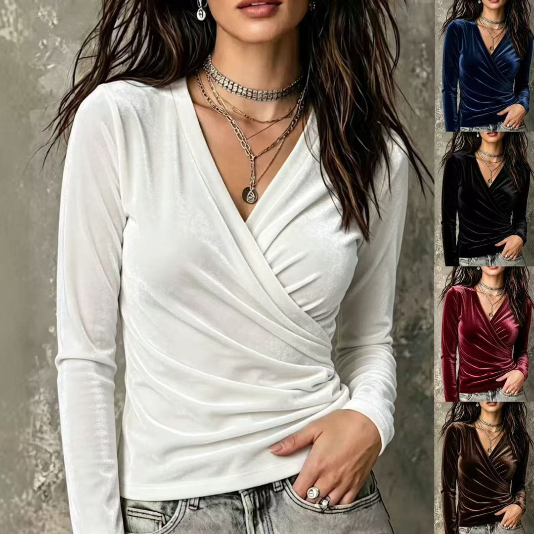Damen Wickelshirt aus Samt mit V-Ausschnitt und seitlicher Raffung Drune