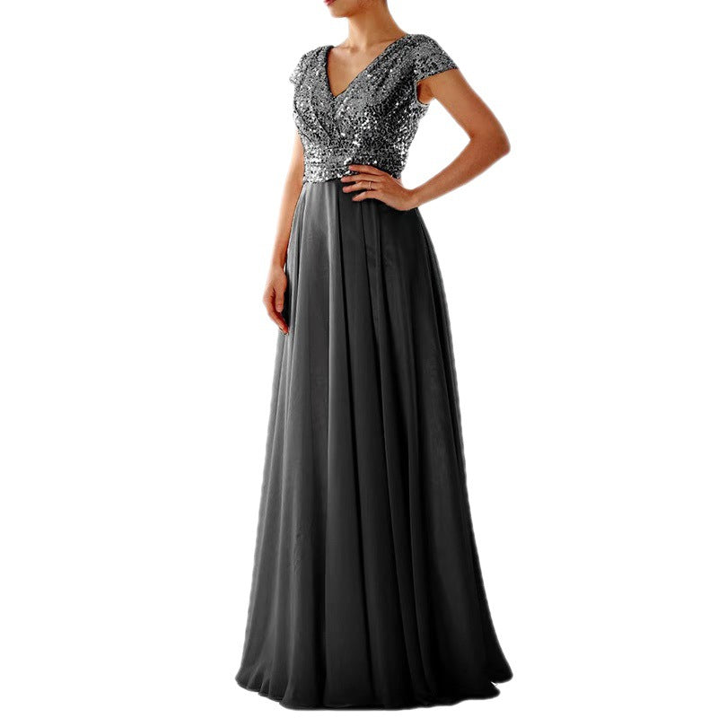 Drune | Damen Kurzarm Glitzer Maxi Kleid