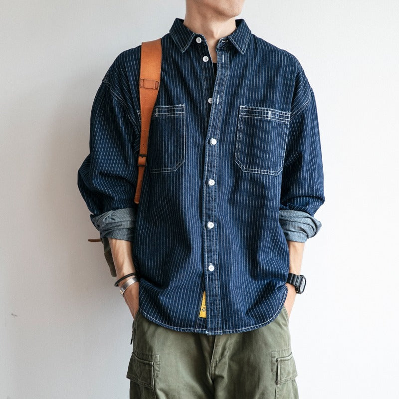 Herren Denim-Hemdjacke mit modernem Streifenmuster und praktischen Brusttaschen Drune