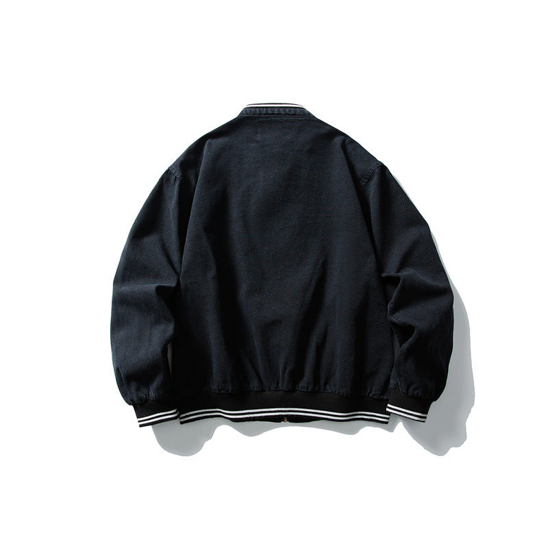 Unisex Kastig geschnittene Baumwoll-Canvas Bomberjacke mit Stehkragen und geripptem Saum Drune