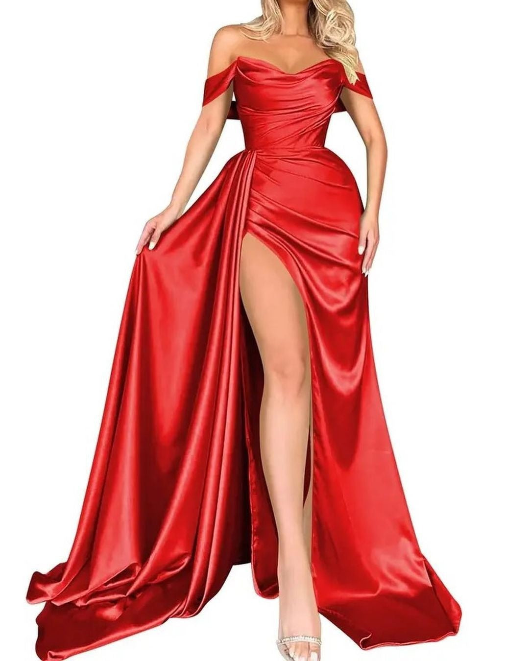 Damen Off-Shoulder Abendkleid mit hohem Beinschlitz und voluminösem Rock Drune
