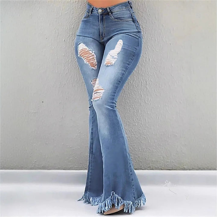 Damen High-Waist Flared-Jeans mit sculptendem Schnitt, Destroyed-Kniepartien und fransigem Volant-Saum Drune