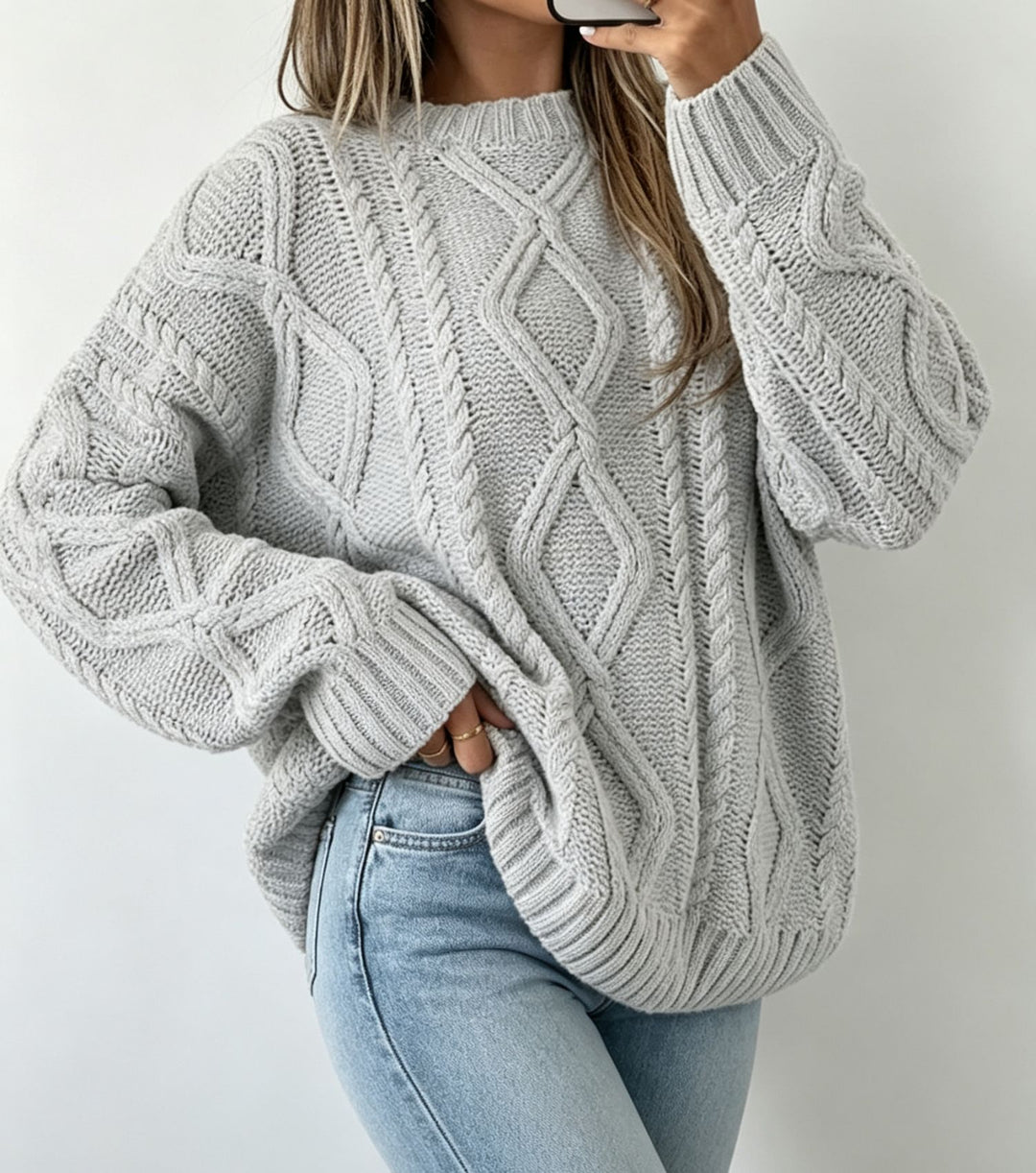 Damen Oversize Flechtstrick-Pullover mit Zopfmuster und Rundhals Drune