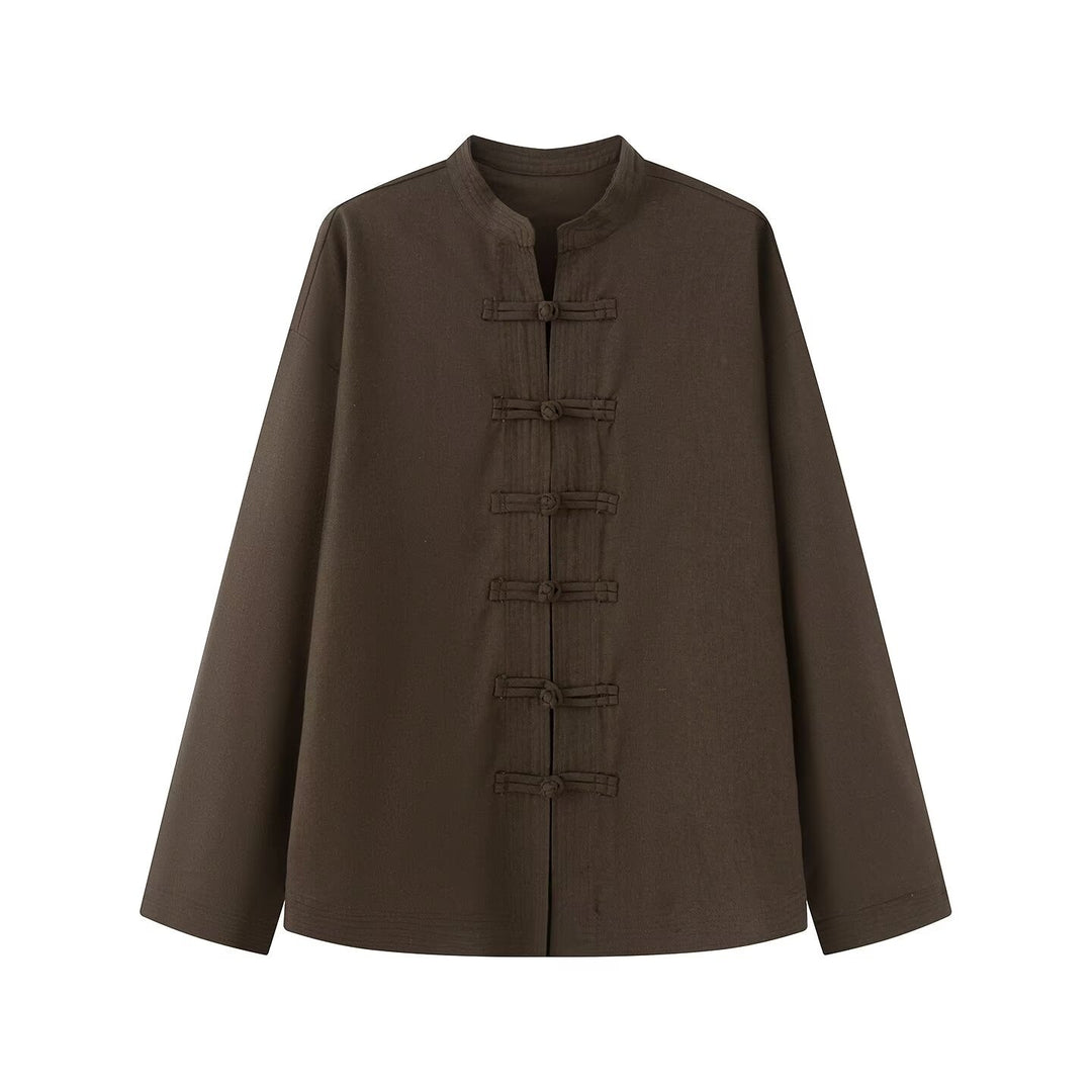 Damen Lockerer Leinen‑Mix Blouson mit Stehkragen und Knotenverschlüssen Drune