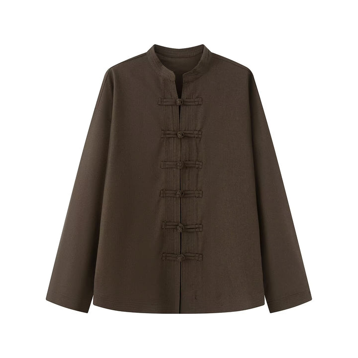 Damen Lockerer Leinen‑Mix Blouson mit Stehkragen und Knotenverschlüssen Drune