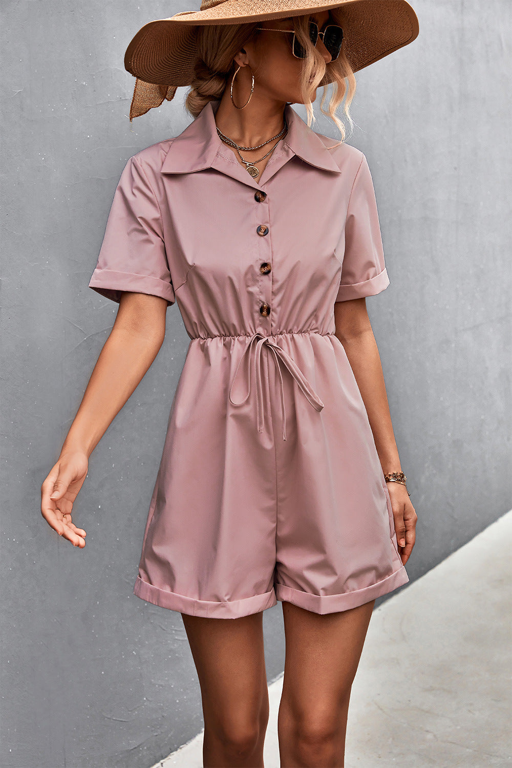 Damen Jumpsuit mit kurzen Ärmeln und taillierbarem Kordelzug Drune