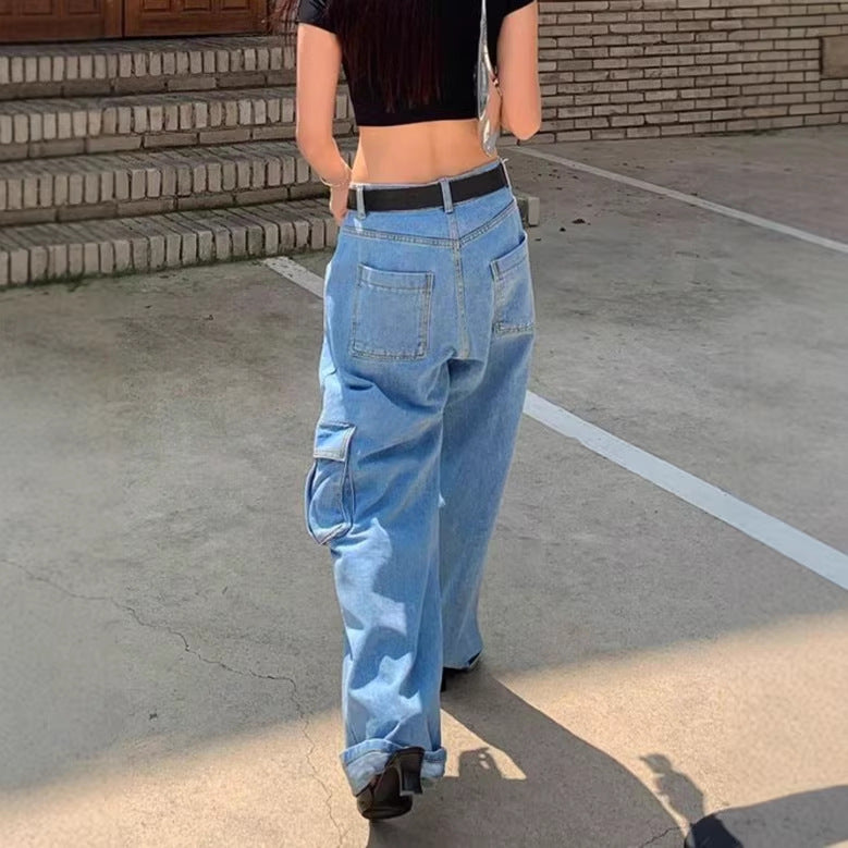 Damen Extraweite Baggy-Jeans mit Cargo-Patches und tiefem Bund Drune