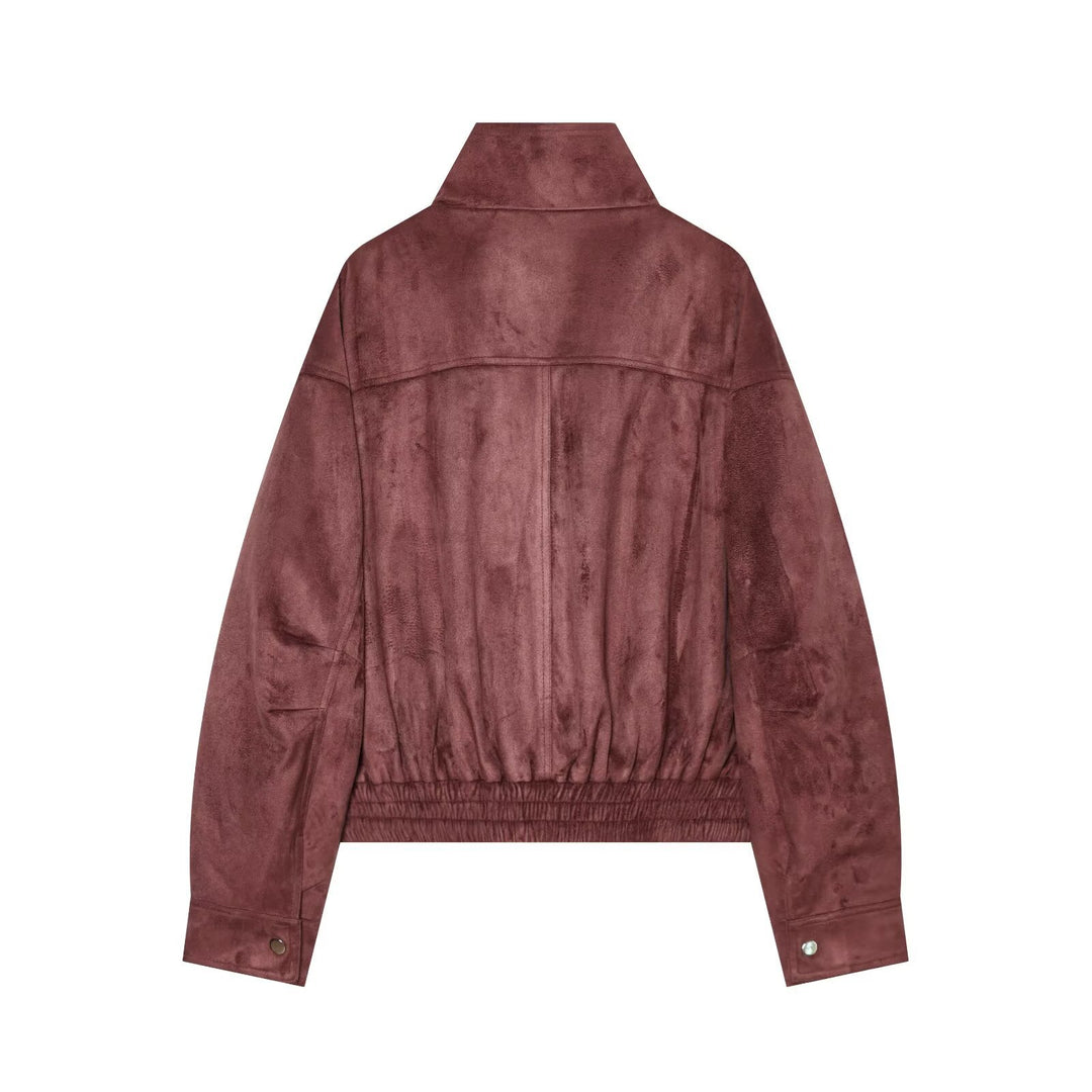Damen kurze Veloursleder-Optik Bomberjacke mit Stehkragen und elastischem Saum Drune