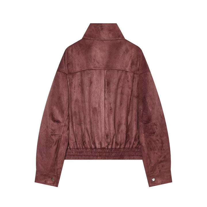 Damen kurze Veloursleder-Optik Bomberjacke mit Stehkragen und elastischem Saum Drune