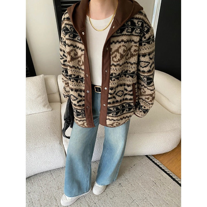 Damen kuscheliger Cardigan mit Kapuze und ausgefallenem Muster Drune