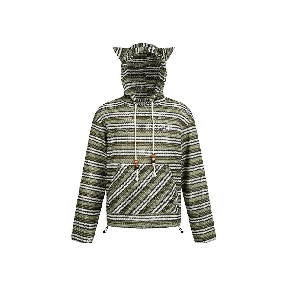 Damen Strick‑Kapuzenpullover mit Katzenohren und Kängurutasche Drune