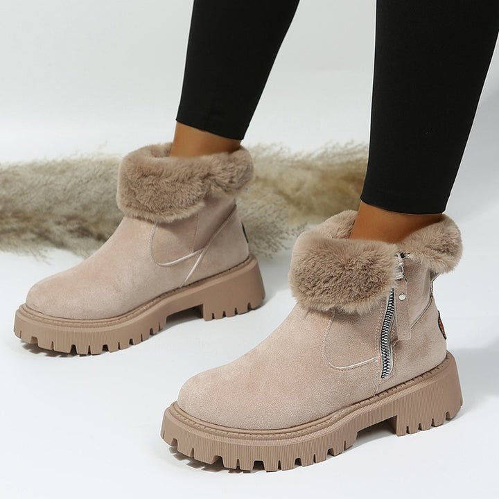 Damen Kurzschaft-Stiefelette mit Teddy‑Umschlag, Veloursoptik und Chunky‑Lug‑Sohle Drune