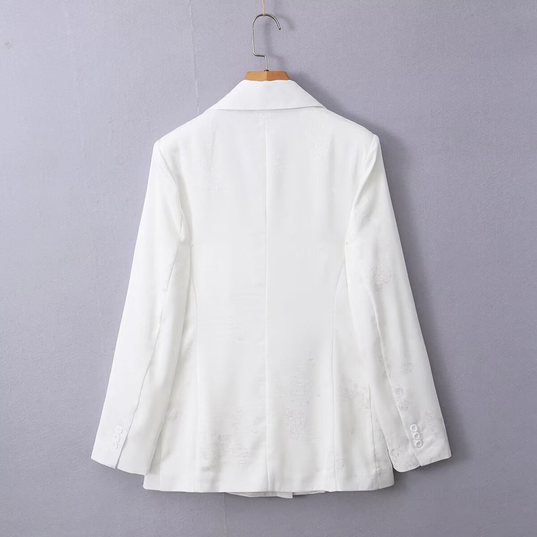 Damen Doppelreihiger Satin-Blazer mit floralem Jacquard und Reverskragen Drune