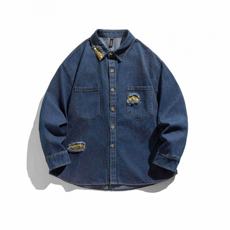 Unisex Kastenförmige Denim-Hemdjacke mit dekorativen Destroy-Applikationen und Oversized-Silhouette Drune