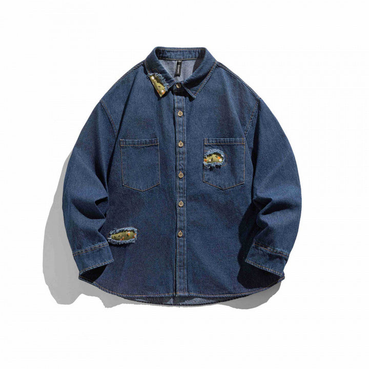 Unisex Kastenförmige Denim-Hemdjacke mit dekorativen Destroy-Applikationen und Oversized-Silhouette Drune