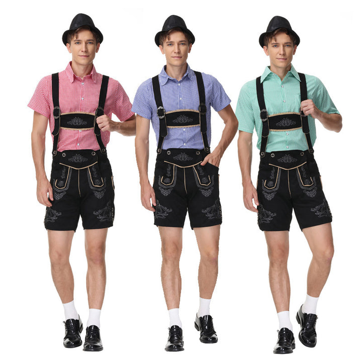Herren nan moderne kurze Trachtenlederhose mit Kreuzträgern, dekorativer Stickerei und funktionalen Taschen Drune