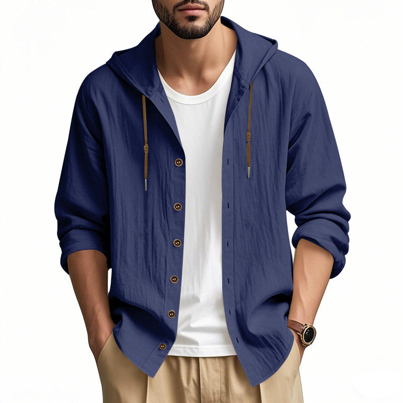 Herren nan leichtes Kapuzenhemdjacke aus Leinenoptik mit durchgehender Knopfleiste Drune